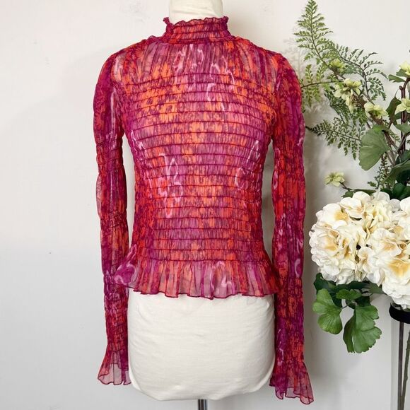 Free People Hello There sheer ruched mock-neck top red orange mesh | medium - Picture 1 of 13